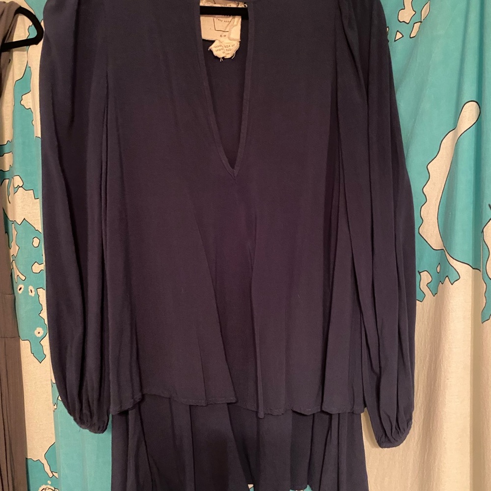 Free People Blue Asymmetrical Long Sleeve Blouse